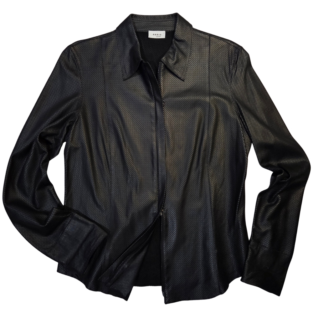 AKRIS PUNTO Perforated Leather Zipper Shirt Style Jacket LS & Collar GUC 8